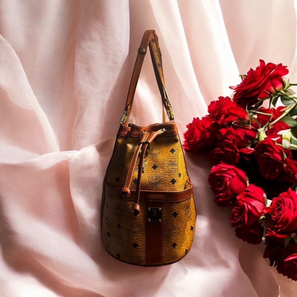 MCM Cognac & Orange Large Tall Bucket Bag w/Lock & Key